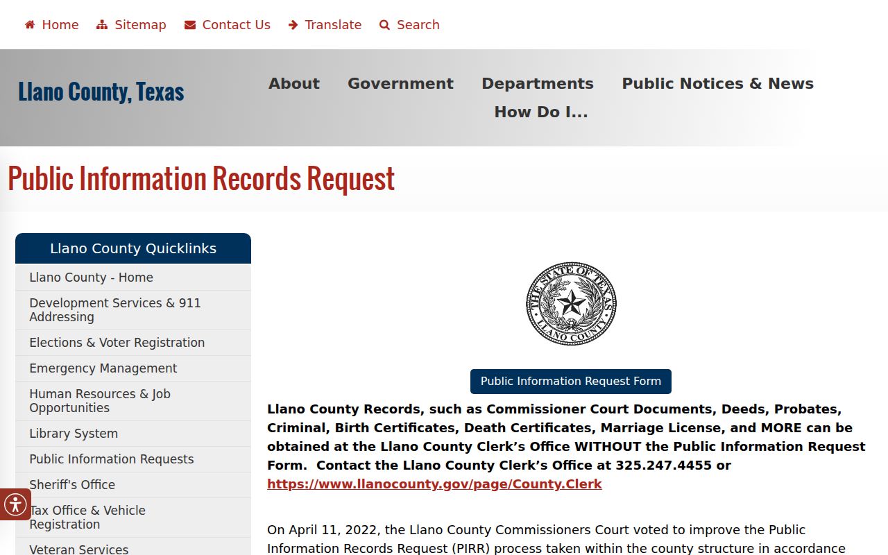 Llano County civil court docket public information request page