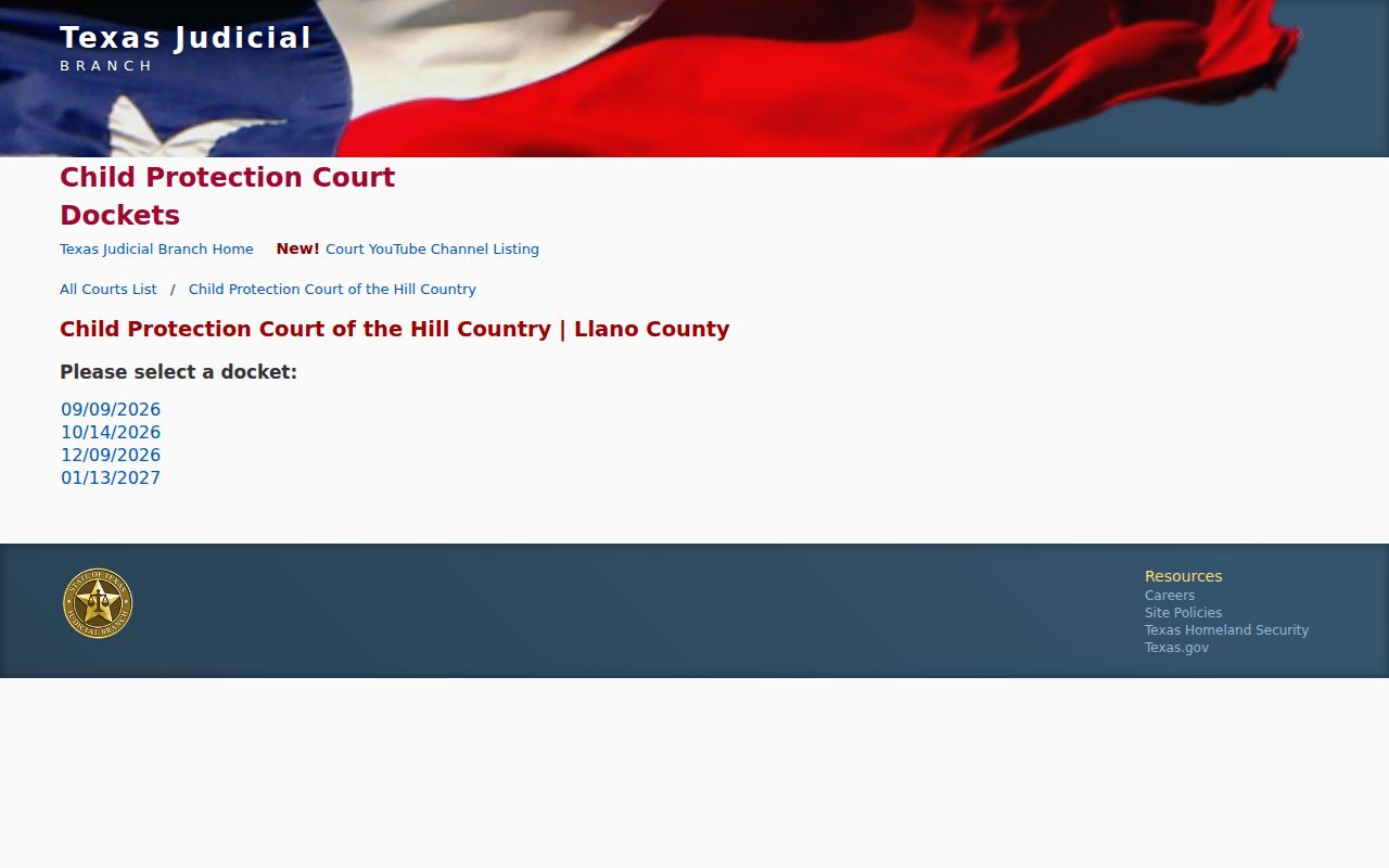 Llano County docket search for restricted child protection court dates