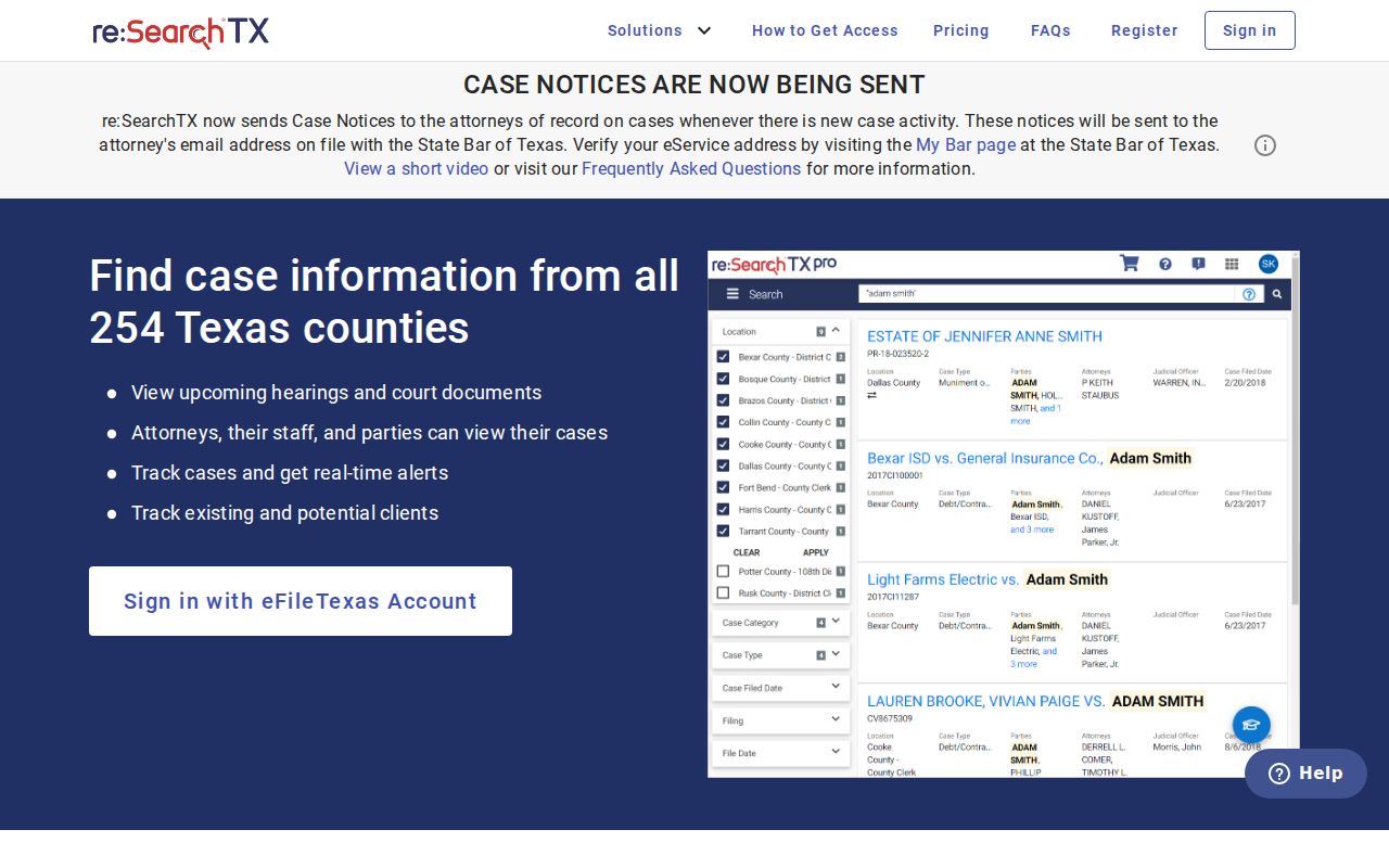 Llano County docket search entry page on re Search TX