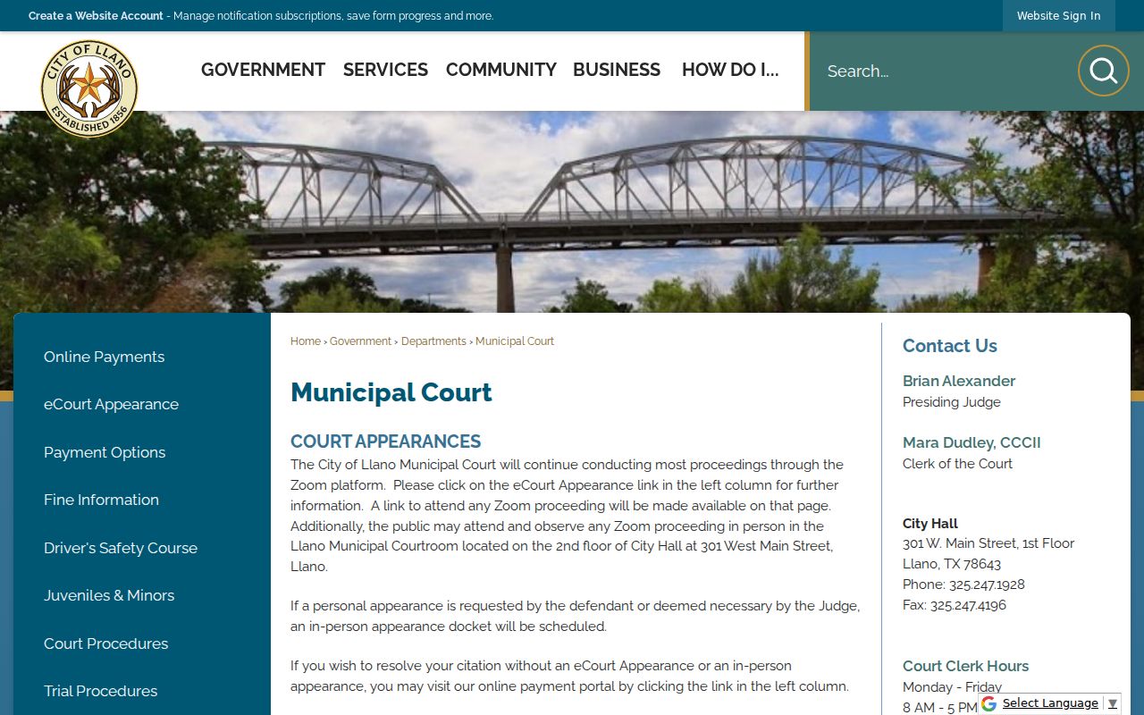 Llano County court schedule information on the Llano Municipal Court page