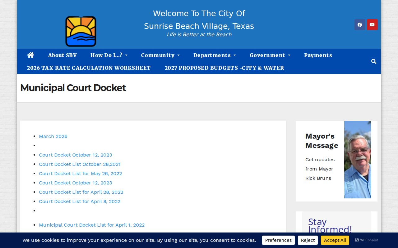 Sunrise Beach archived municipal court docket list page